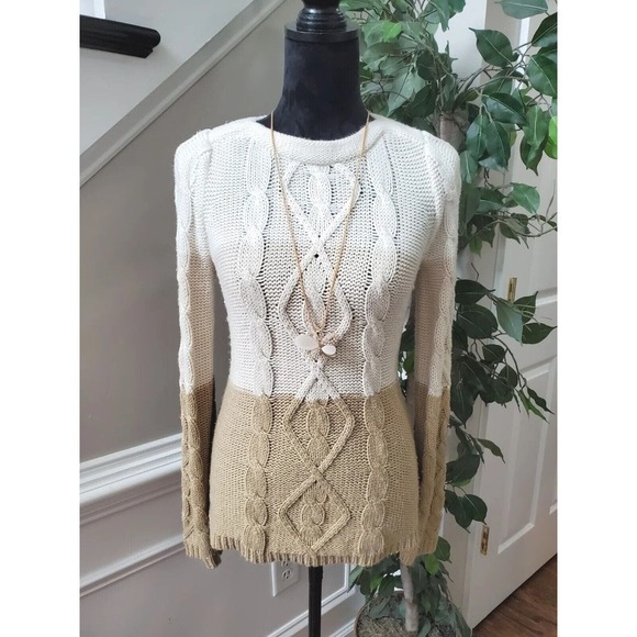 St. John's Bay Women's White Brown Acrylic Crew Neck Long Sleeve Sweater Medium - Picture 1 of 12
